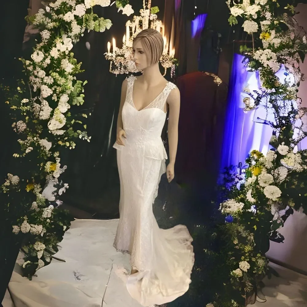 David's Bridal Galina Ivory Lace‎ Peplum Button-Up Wedding Dress 8